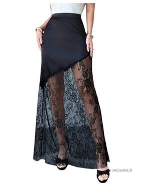 Women's Y2K Satin Lace Maxi Skirt Sheer Silk Party Long Skirt Night Out